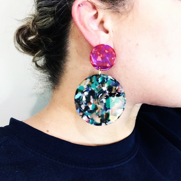 Circle Drop Earrings in Green with Pink Stud - Picture 8 of 8